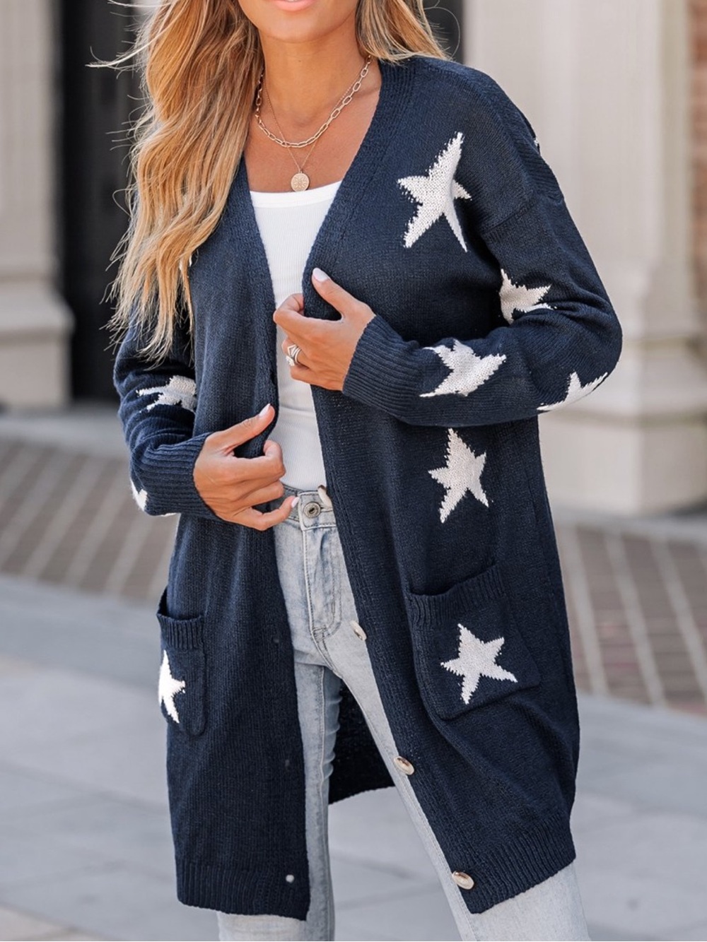 Cupshe Navy Blue Star Print Long Button Down Cardigan Sweater Size XS